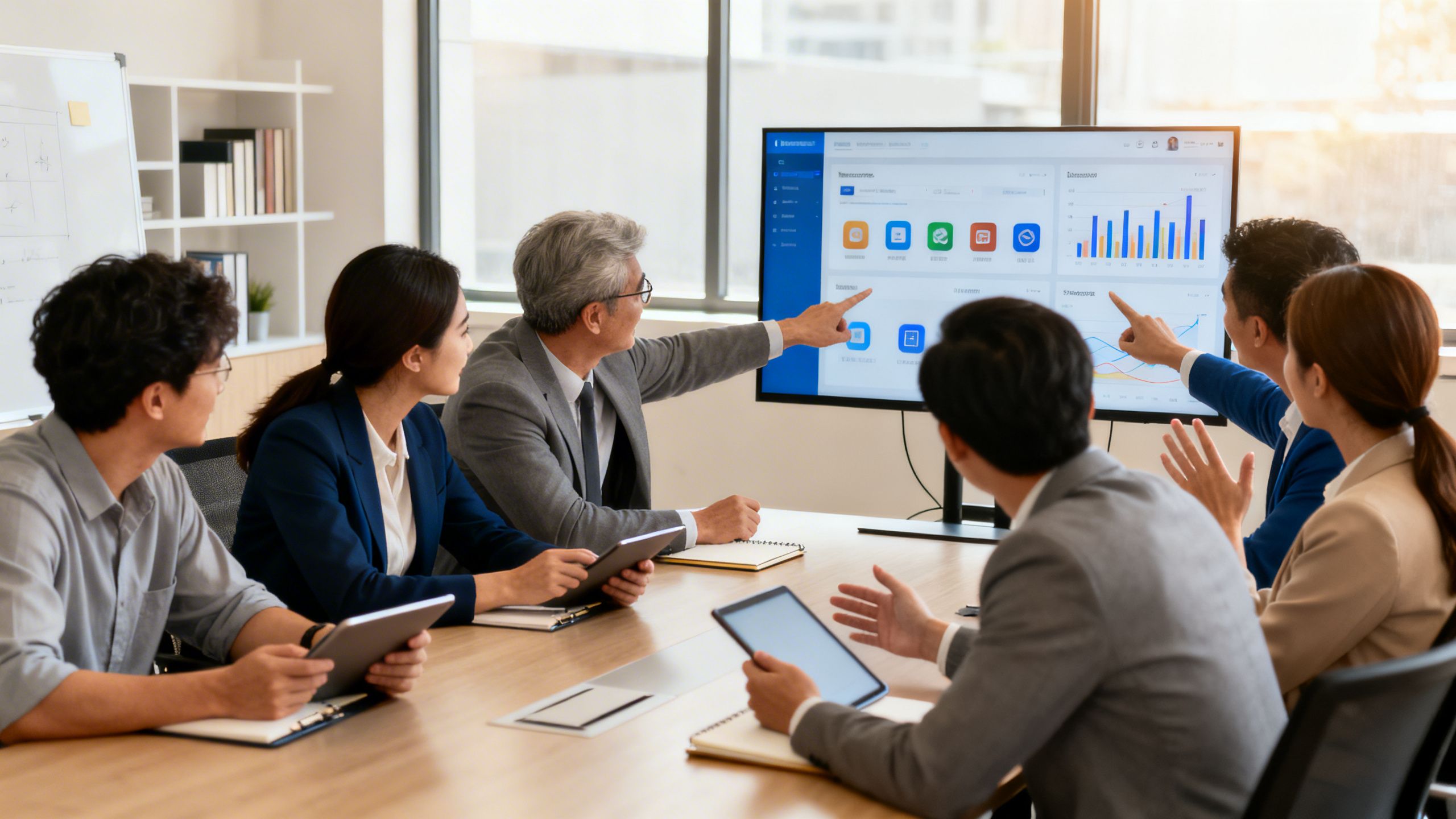 A diverse team of professionals in a meeting, pointing at a screen and making a decision about business software