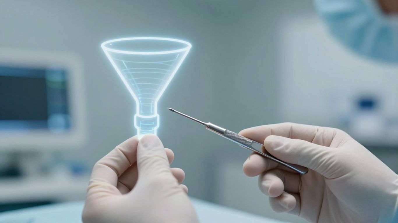 Surgeon operating on a glowing sales funnel with AI elements.