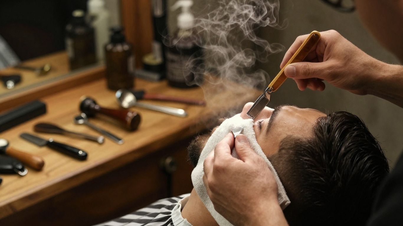 Barber shaving client's beard with straight razor.