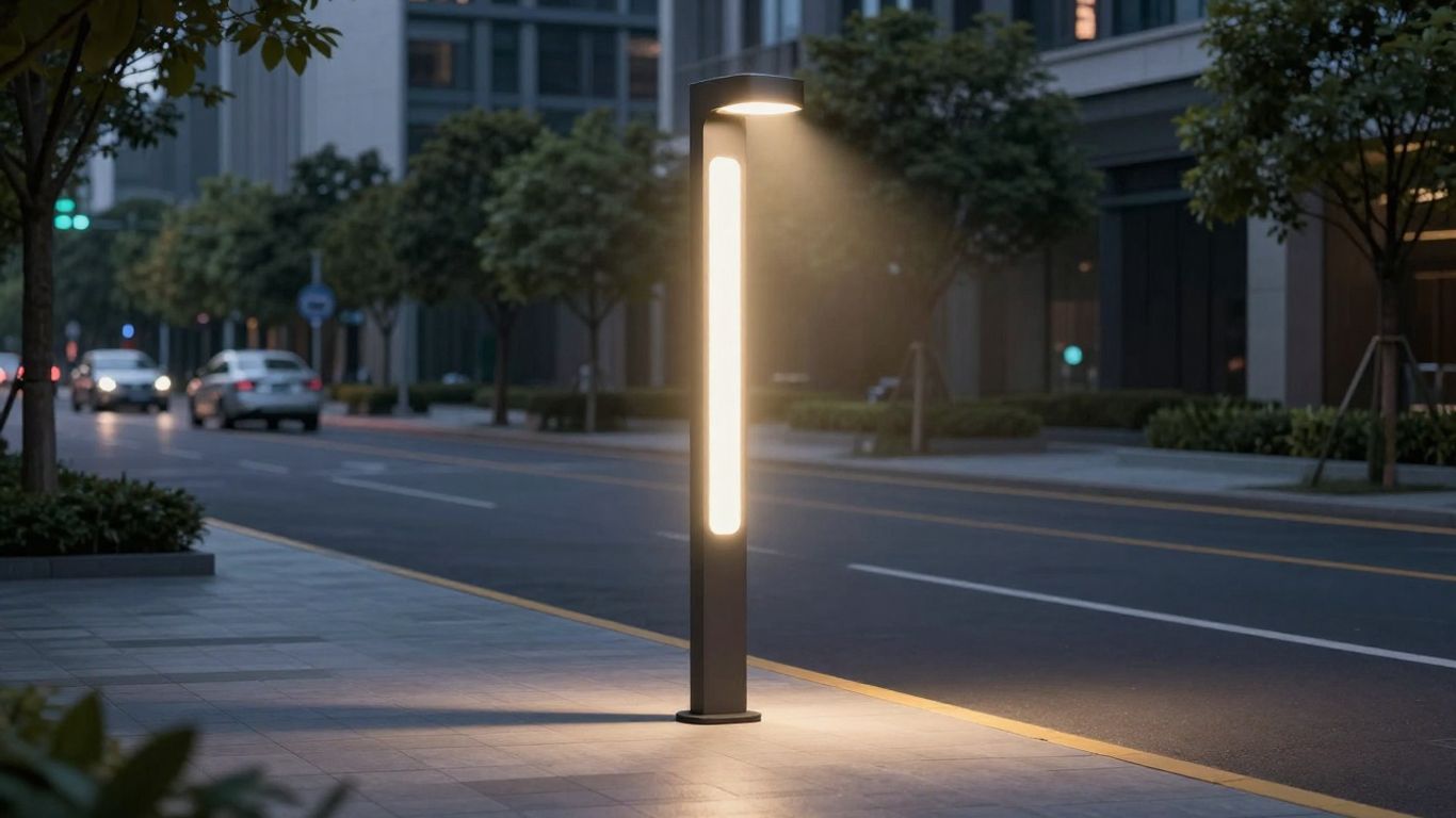 Modern streetlamp illuminating a city street at dusk.