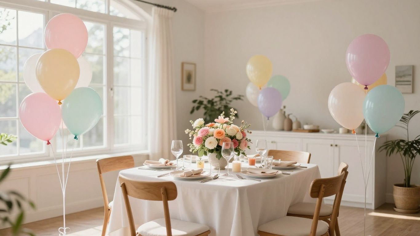 Elegant baby shower venue with balloons and flowers.