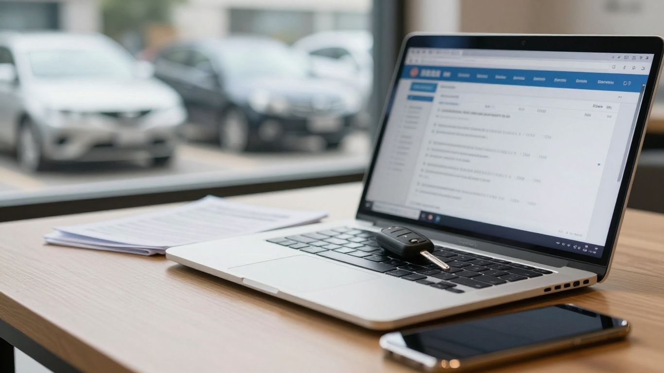 Laptop mit Fahrzeugdaten neben Autoschlüssel