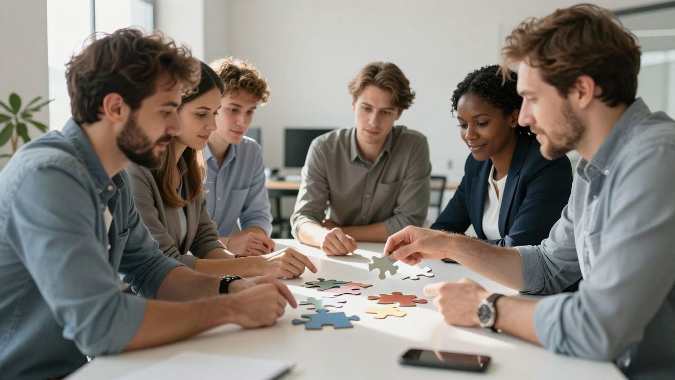 Open innovation meaning. Team collaborating on innovation with puzzle pieces.