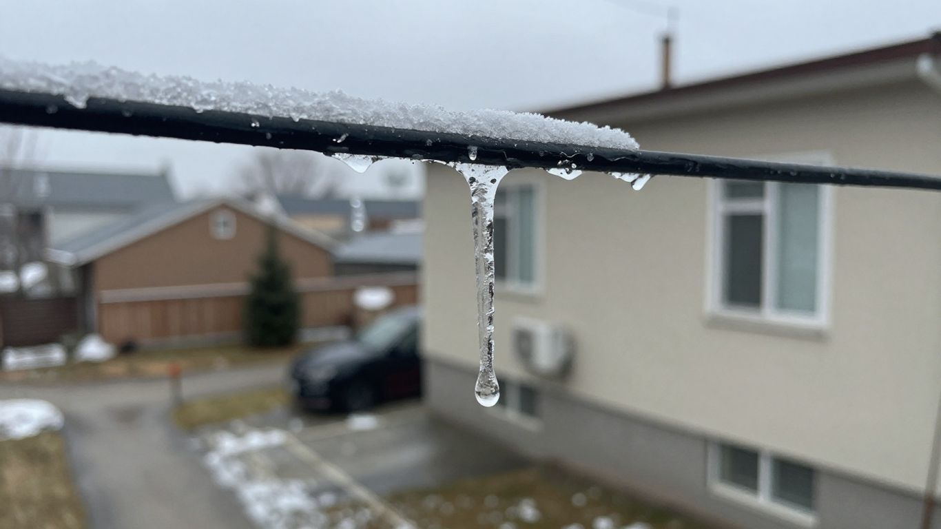 Icicles melting on outdoor electrical wiring during a thaw.