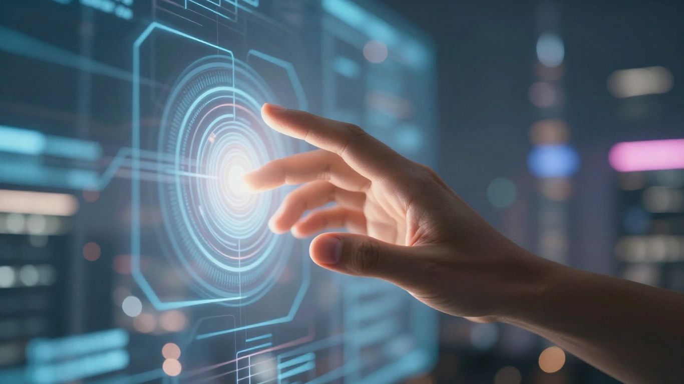 Human hand interacting with a digital interface.