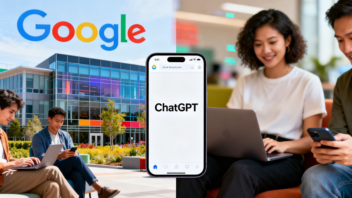Google HQ and ChatGPT app split-screen photo