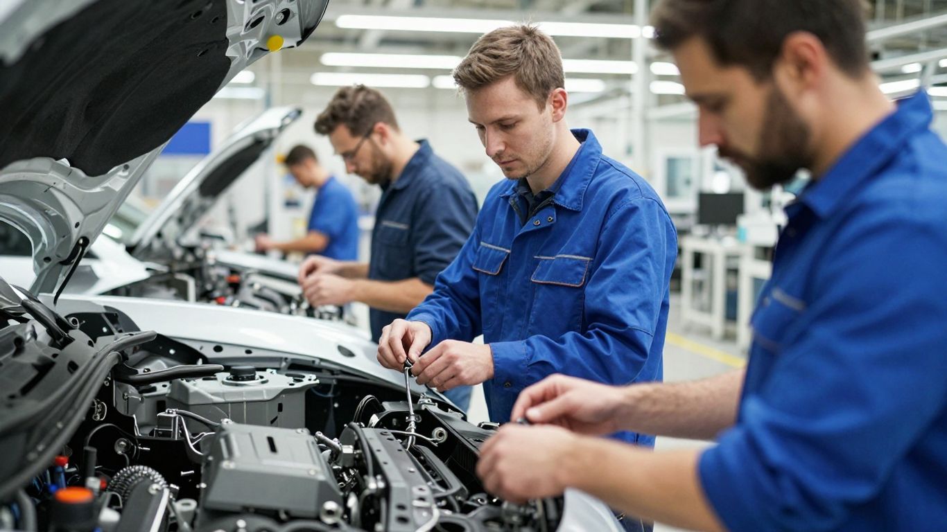 Autobauer arbeiten an einem Auto in einer Fabrik.