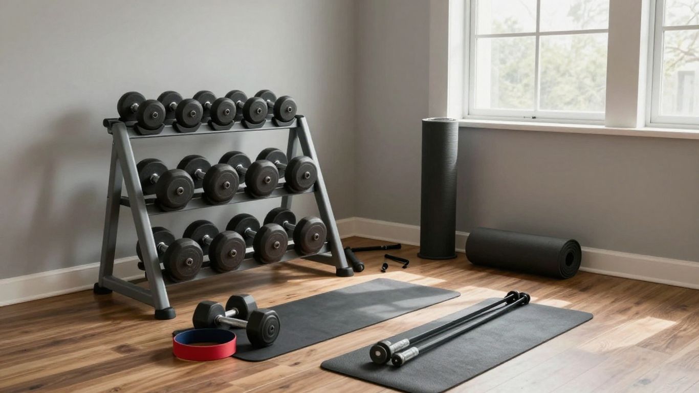 Home gym equipment: dumbbells, mat, resistance bands.