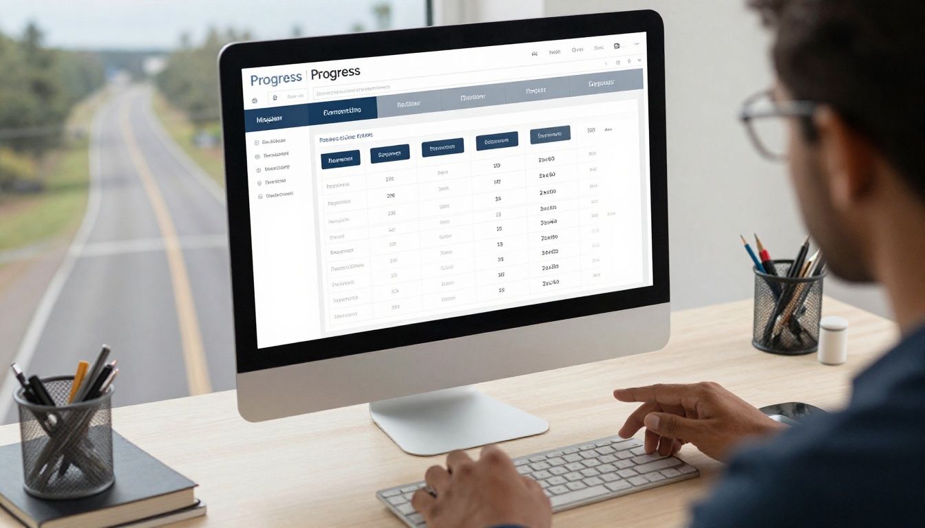 A diverse high-performing professional reviewing a progress dashboard in a calm workspace, with a long road visible through the window symbolizing steady progress toward a distant goal
