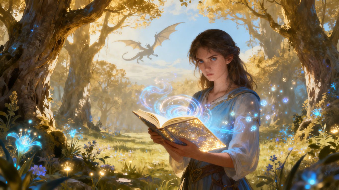 Young adult fantasy book cover with magic forest and dragon.