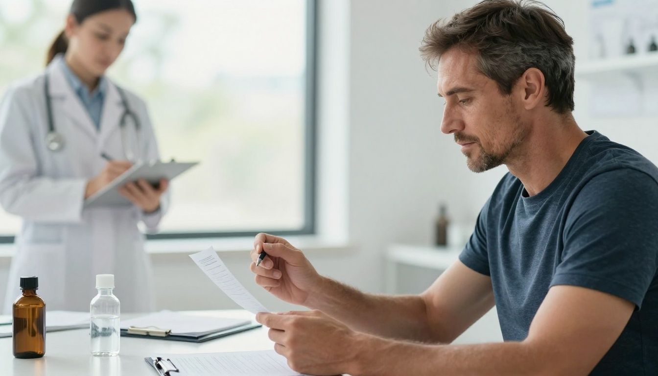 Realistic premium men’s health scene with a confident white man in his 40s reviewing laboratory results with a professional provider in an upscale clinic, subtle fitness and recovery cues, natural lighting, no text, no logos, accurate hands