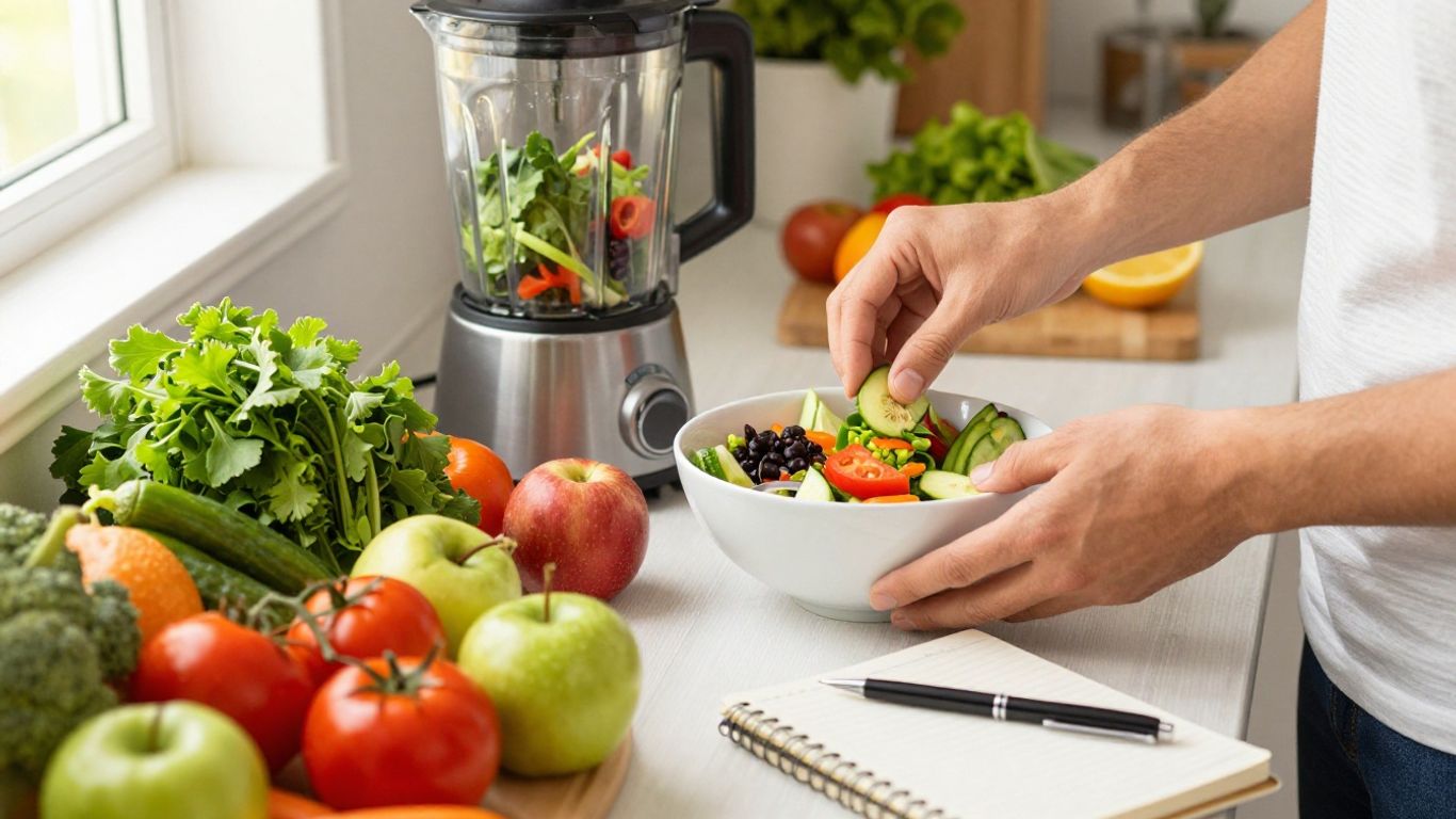 Healthy food preparation in a bright kitchen setting.