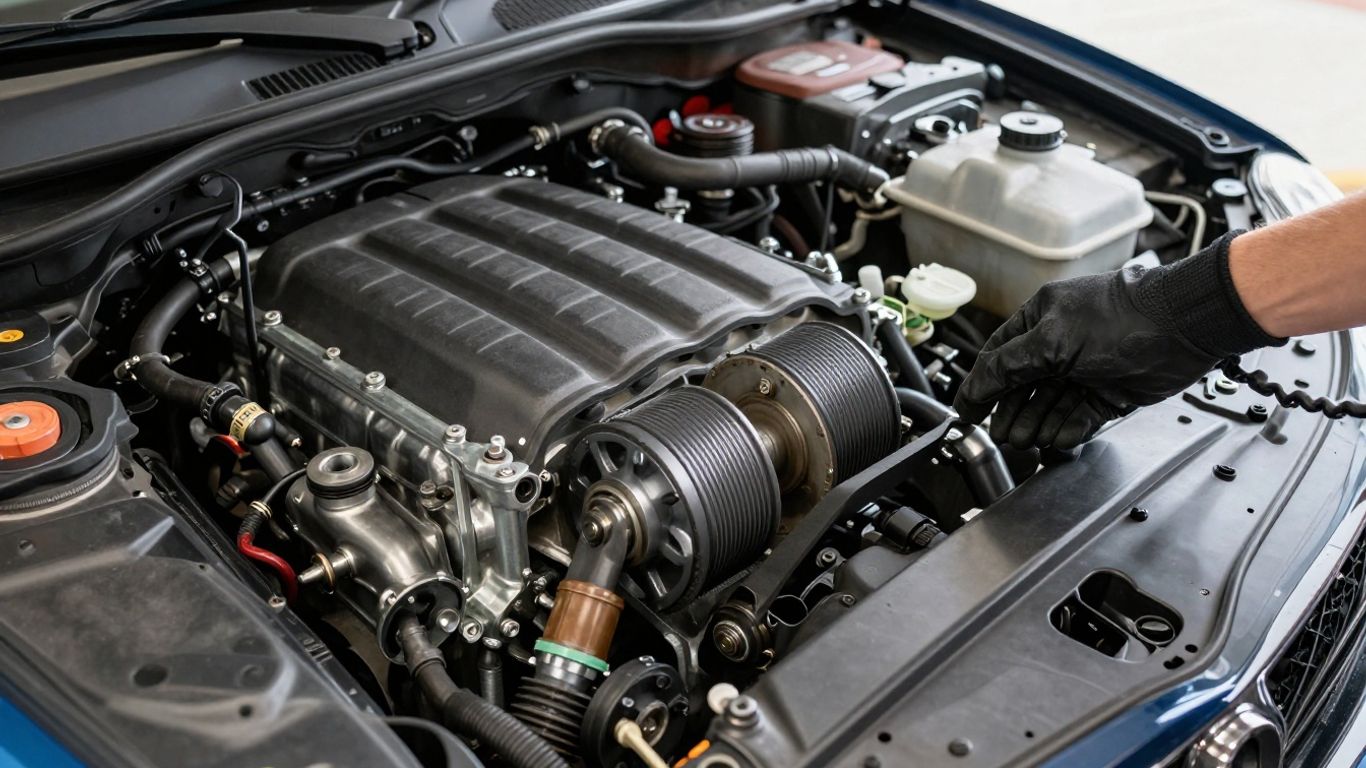 Engine bay with power steering reservoir and belt