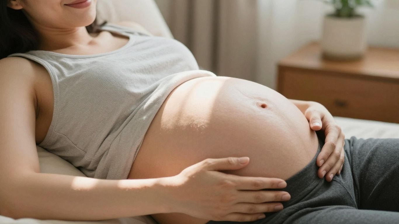 Mujer embarazada de 31 semanas acariciando su vientre.