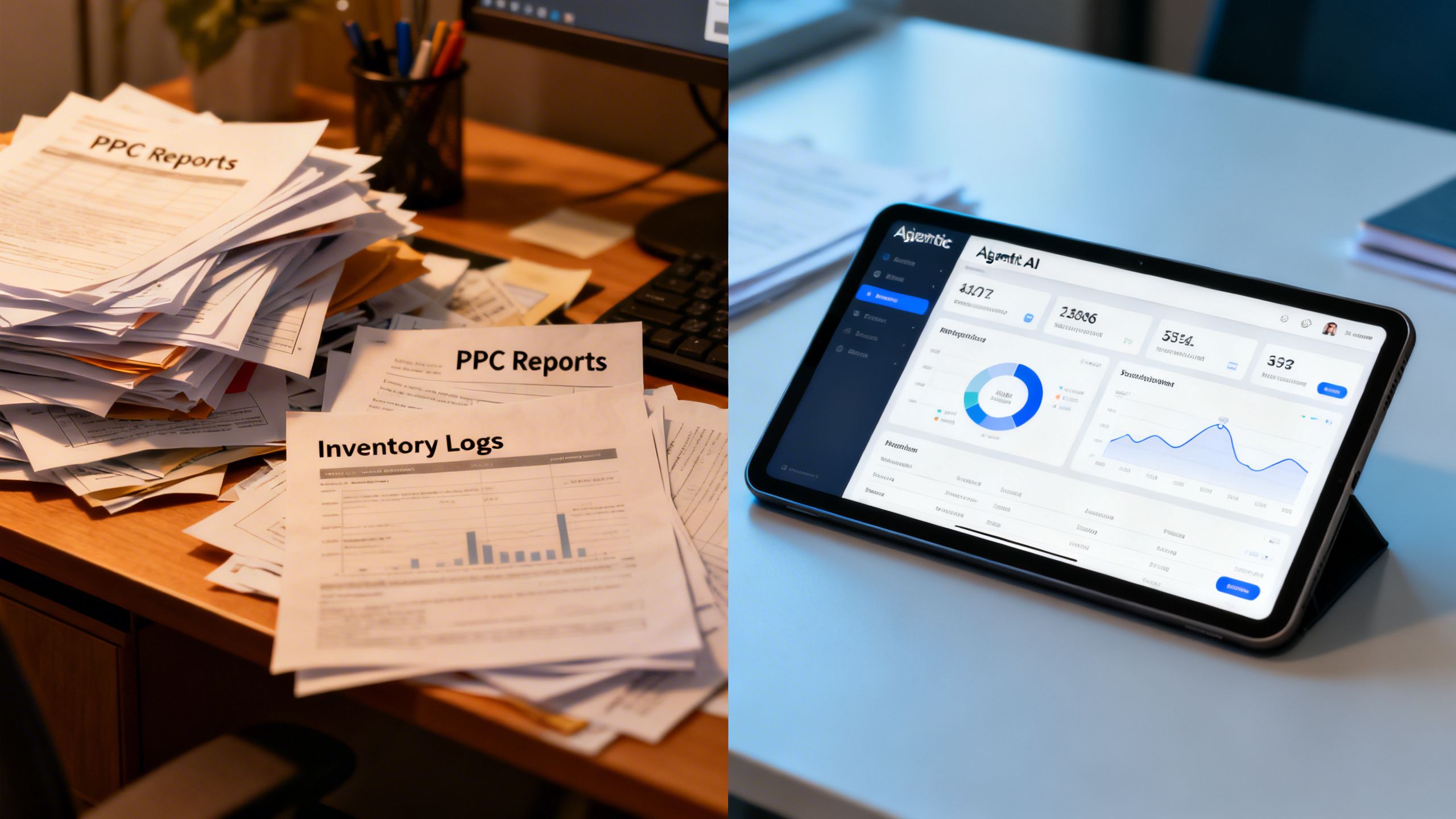 A split-screen image. The left side shows a chaotic, messy desk with scattered papers labeled 'PPC Reports' and 'Inventory Logs'. The right side shows a clean, organized desk with a single tablet displaying a clear, insightful dashboard managed by an agentic AI.