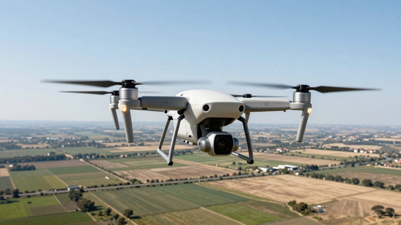 Drone capturing aerial views of a landscape.