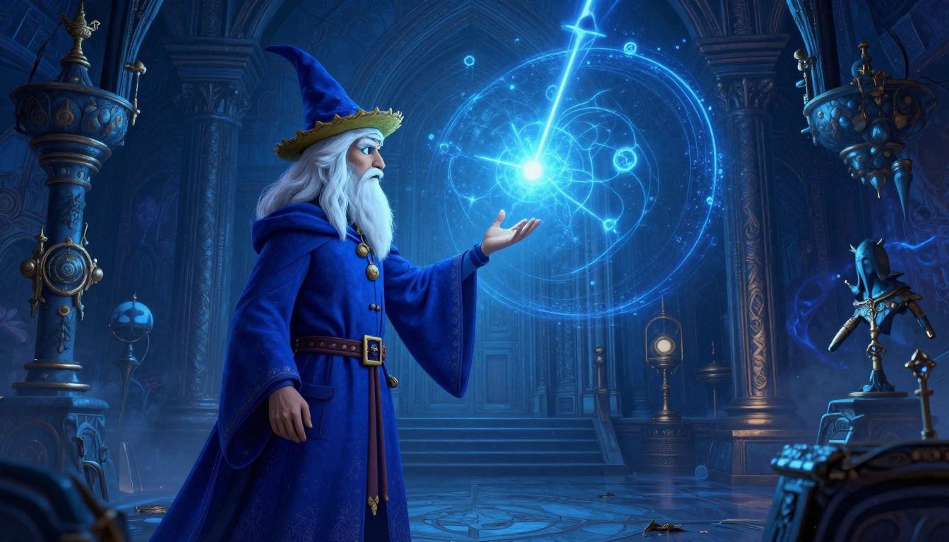 Um mago misterioso conjurando feitiços intensos de raios azuis em um santuário antigo com elementos arcanos flutuando ao redor