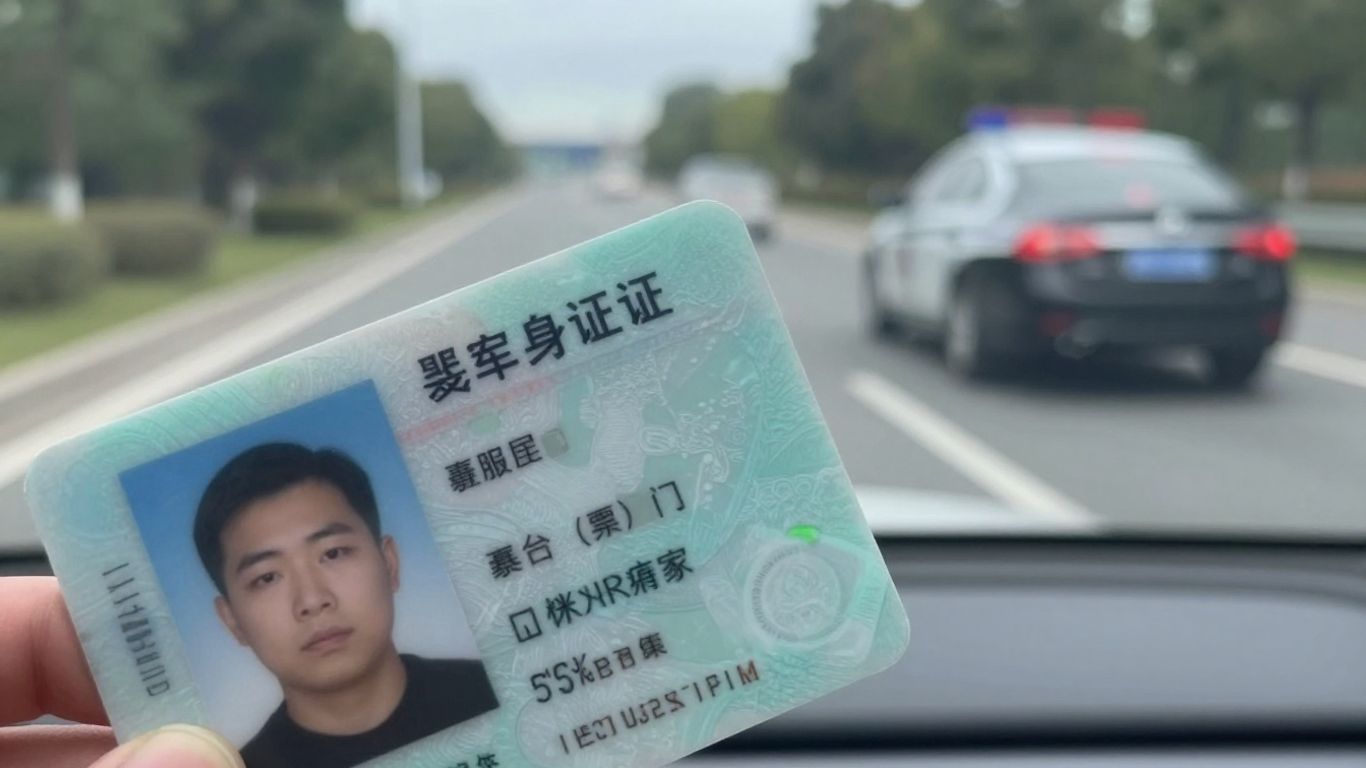 Driver's license with blurred road and police car background.