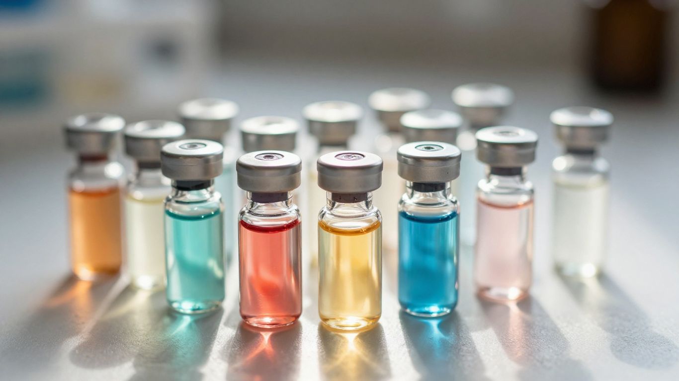 Colorful vials of SARMs arranged neatly.