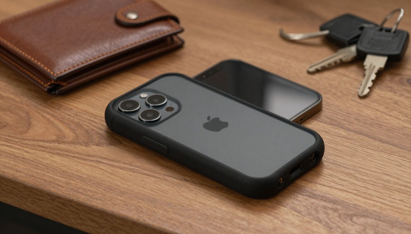 An iPhone 16 Pro in a sturdy black case lying on a wooden desk next to a leather wallet and a set of keys, illustrating everyday items.