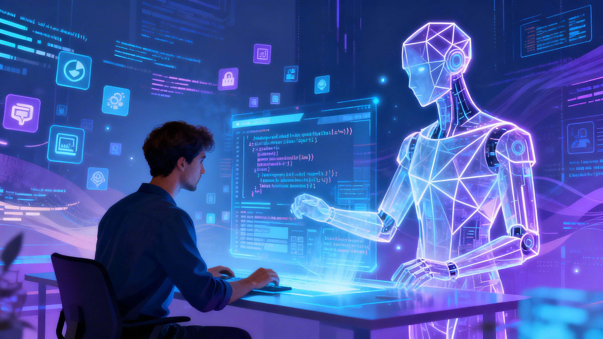 An abstract image of an AI co-pilot working alongside a human developer, symbolizing the future of AI in software development.