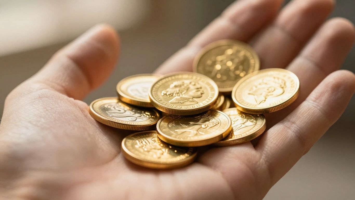 Main d'or tenant des pièces d'or et des bijoux.
