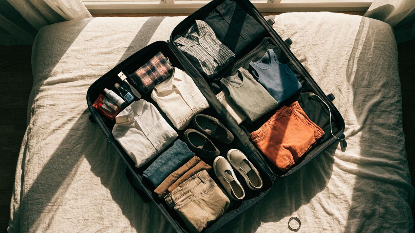 Open suitcase with neatly arranged travel essentials