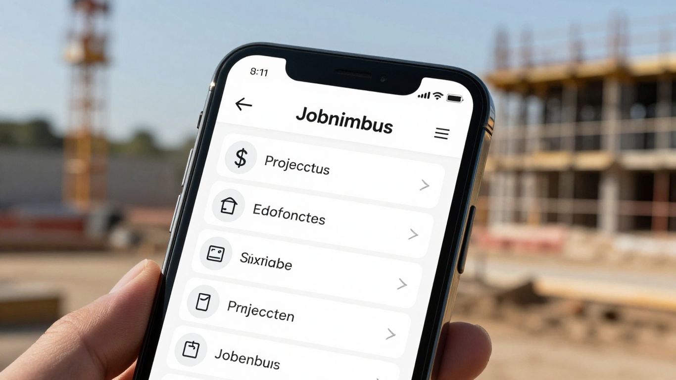 Jobnimbus app on a smartphone at a construction site.