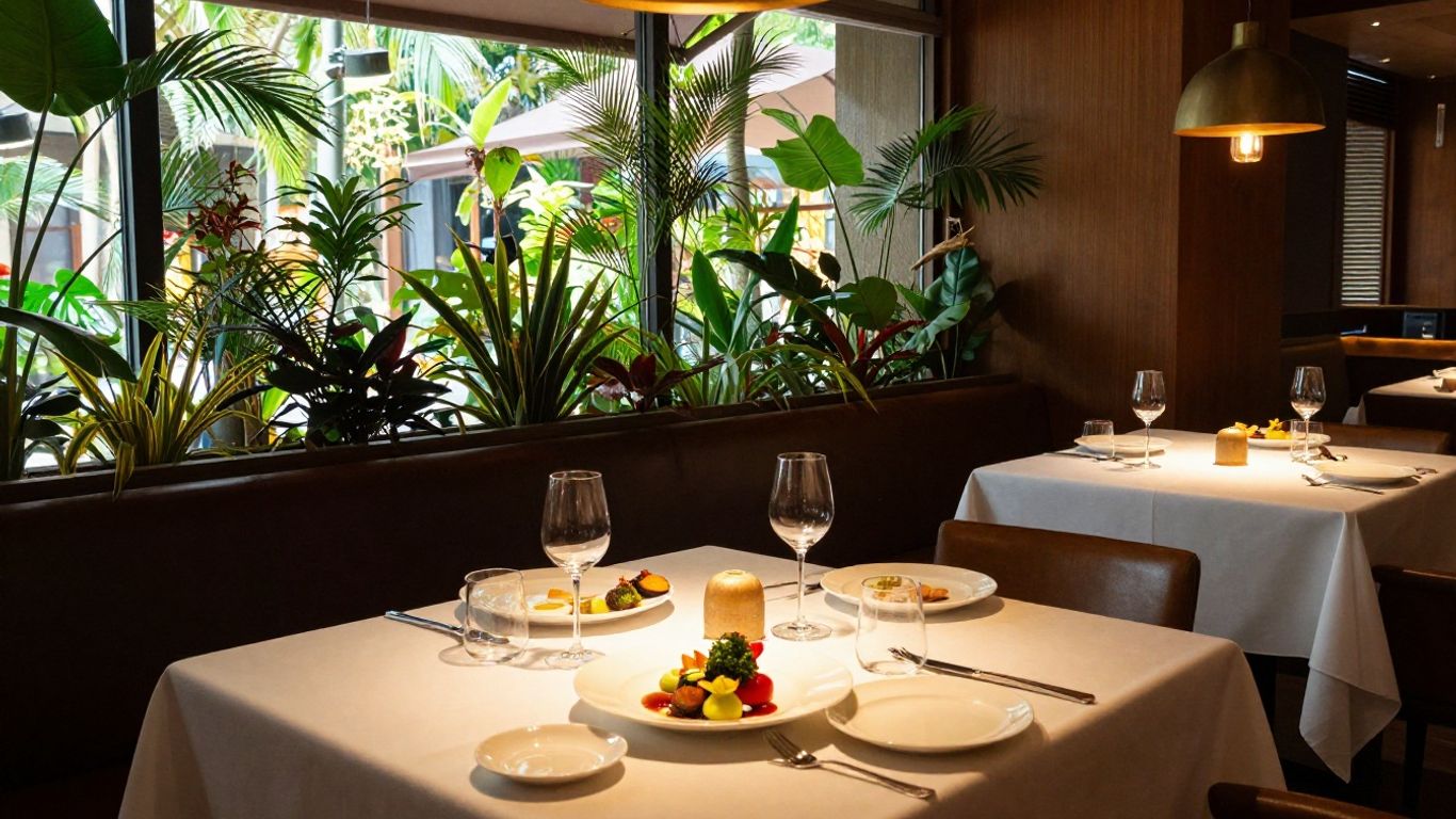 Elegant dining room with food and natural light.