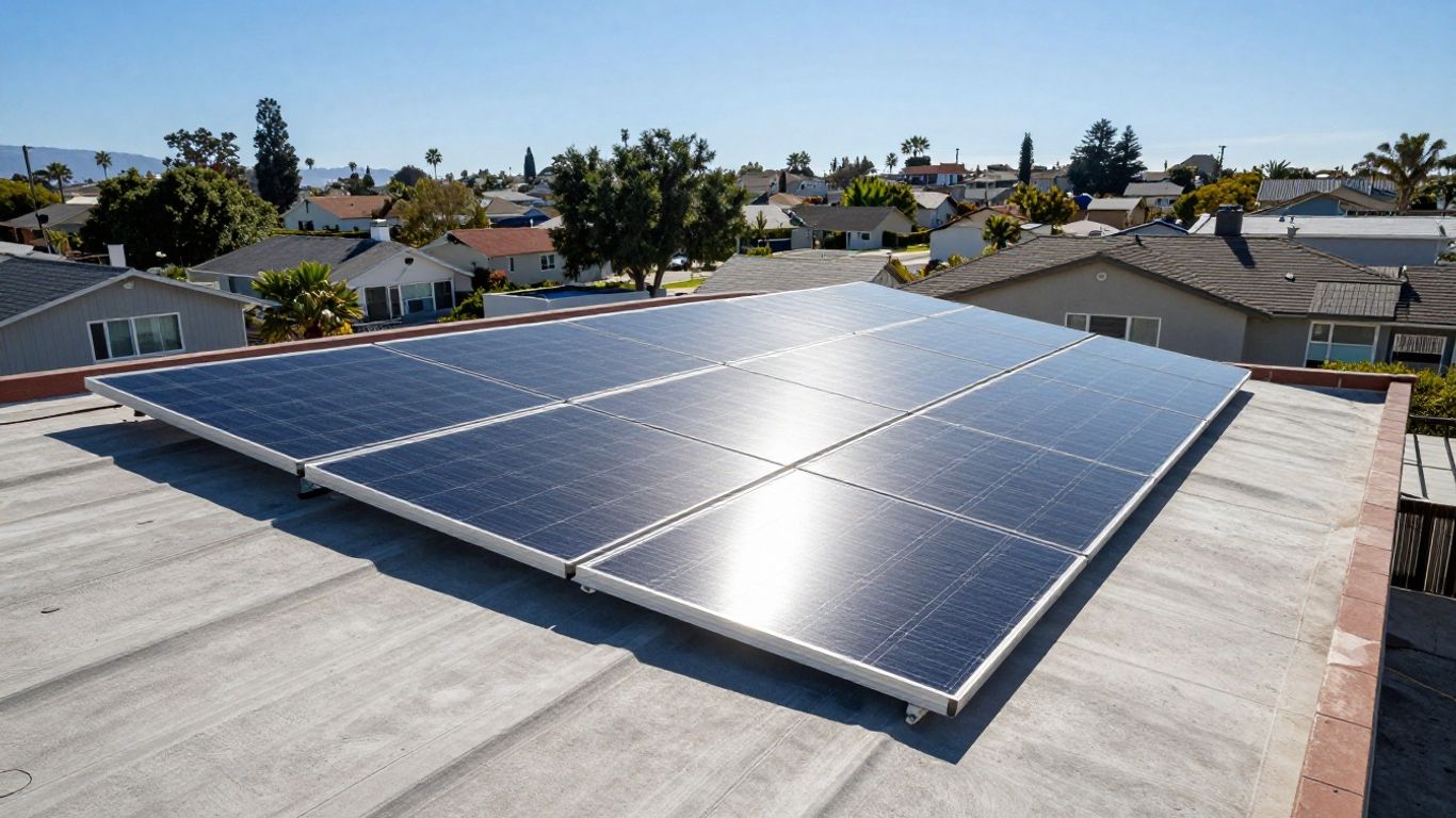 California rooftop solar panels under a bright sun.