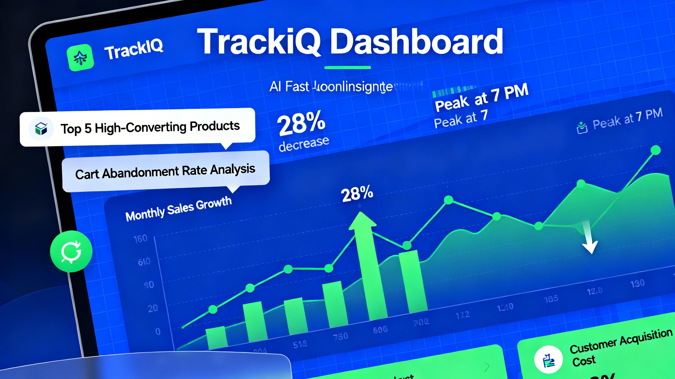A stylized image of the TrackIQ dashboard showing fast-loading charts and AI-driven insights about eCommerce performance.