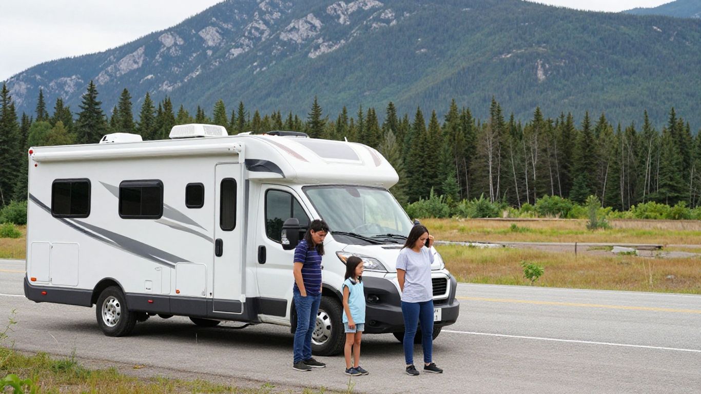 Family looking disappointed next to an RV in Canada.