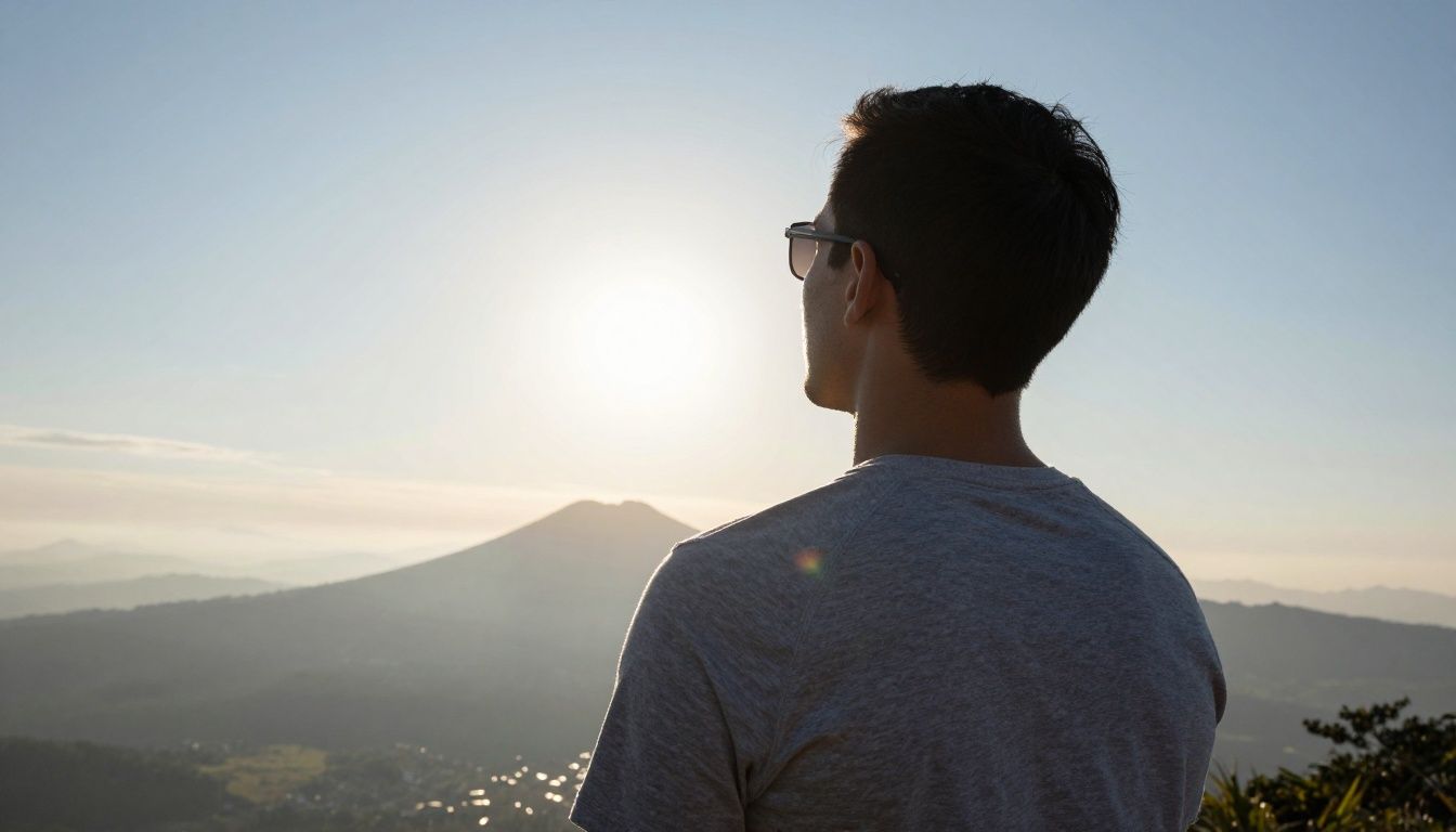 Uma pessoa em pé em uma montanha olhando para o horizonte com o sol nascendo, representando superação e autoconfiança