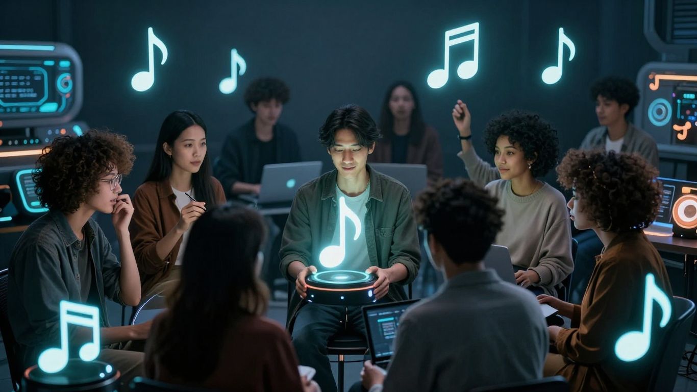 People interacting with AI music generation technology.