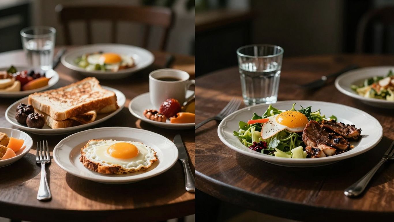 Healthy meals and water glasses at different times of day.