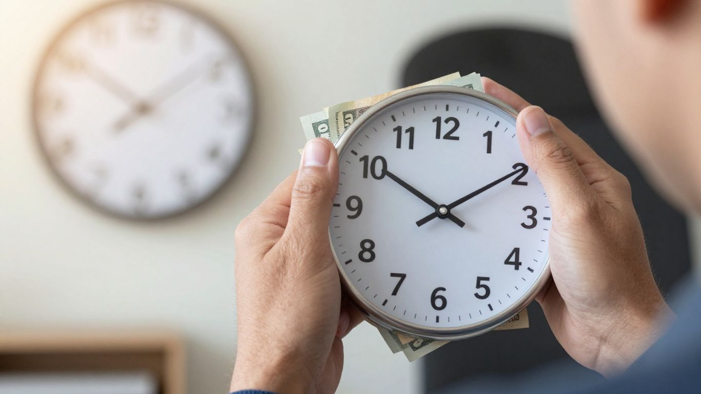 Person needing cash fast, clock background, sunlight.
