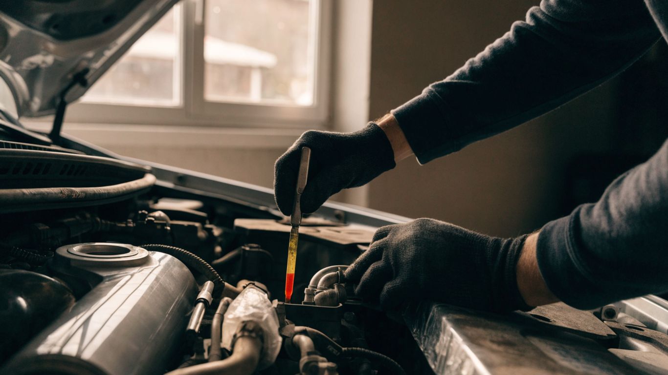 Close view of a mechanic checking transmission fluid
