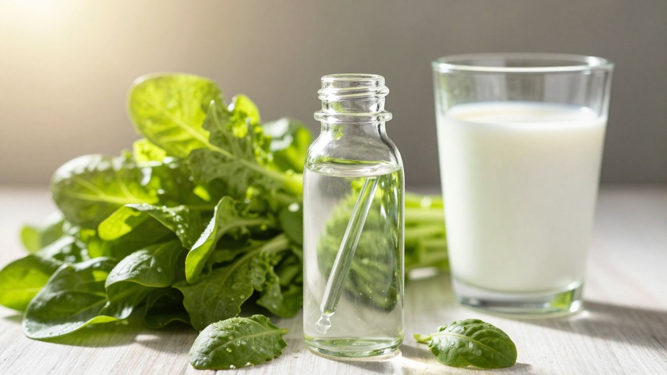 Liquid calcium bottle with healthy foods.