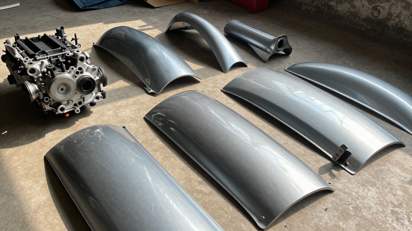 Recycled Chery car parts in a Brisbane workshop.
