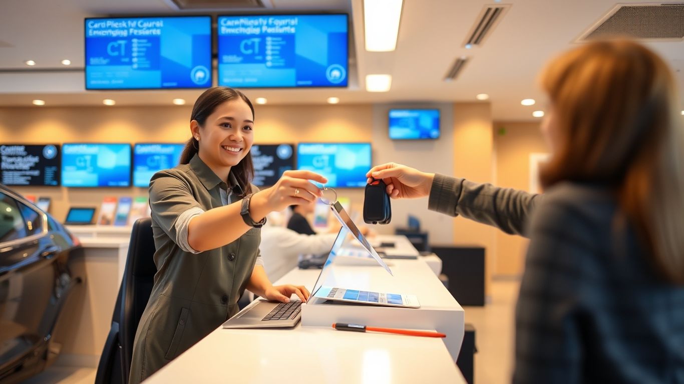 Travelers collecting keys at a modern rental desk