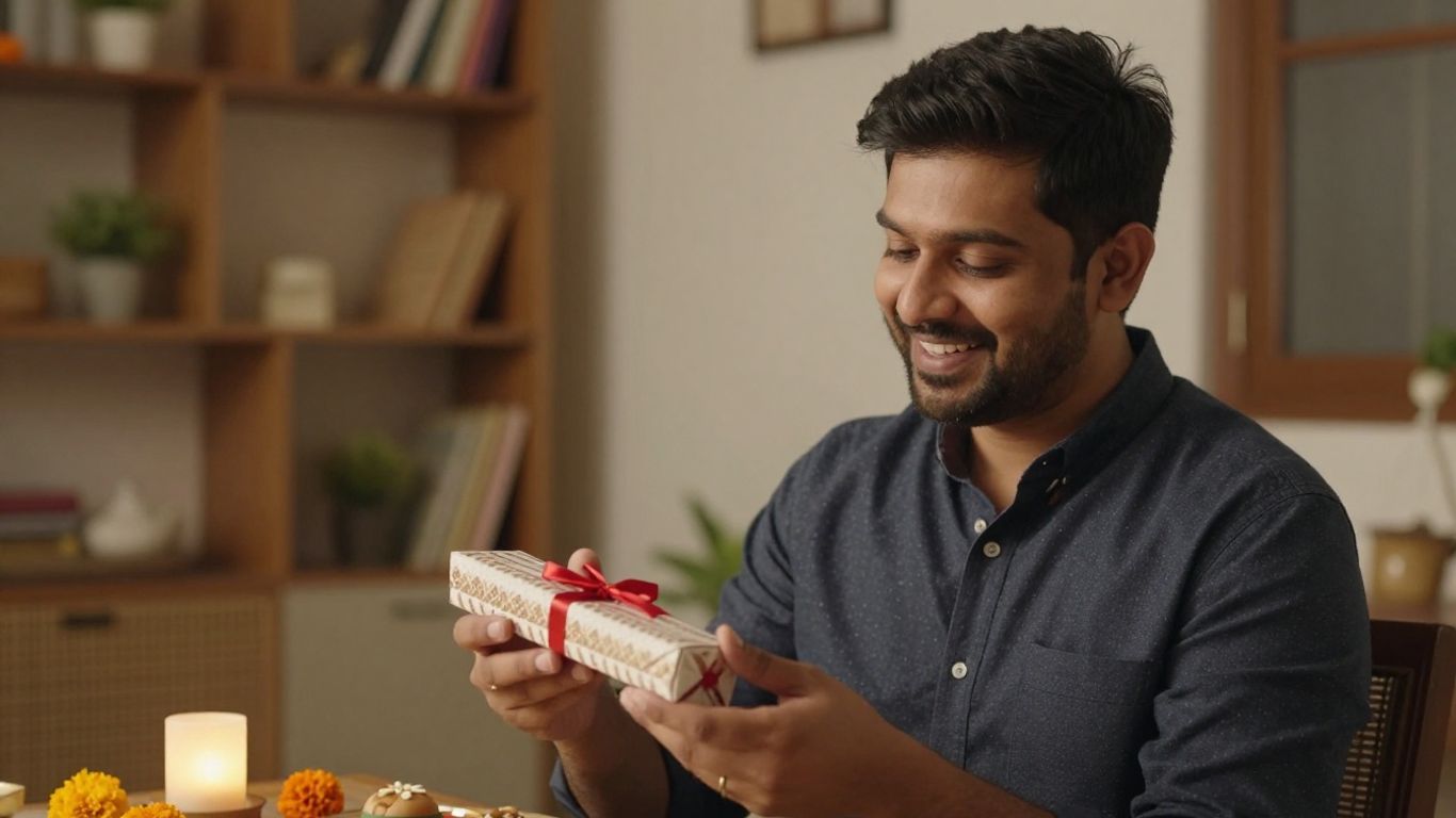 Brother opening a Bhai Dooj gift at home