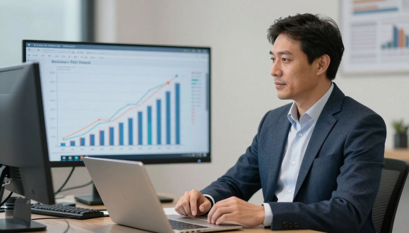 Profissional de negócios analisando gráficos de crescimento e estratégias de mercado em um ambiente moderno