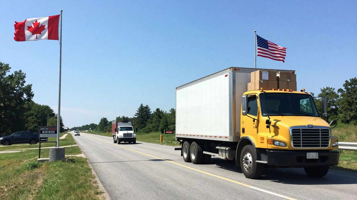 Moving truck crossing Canada-US border with flags.