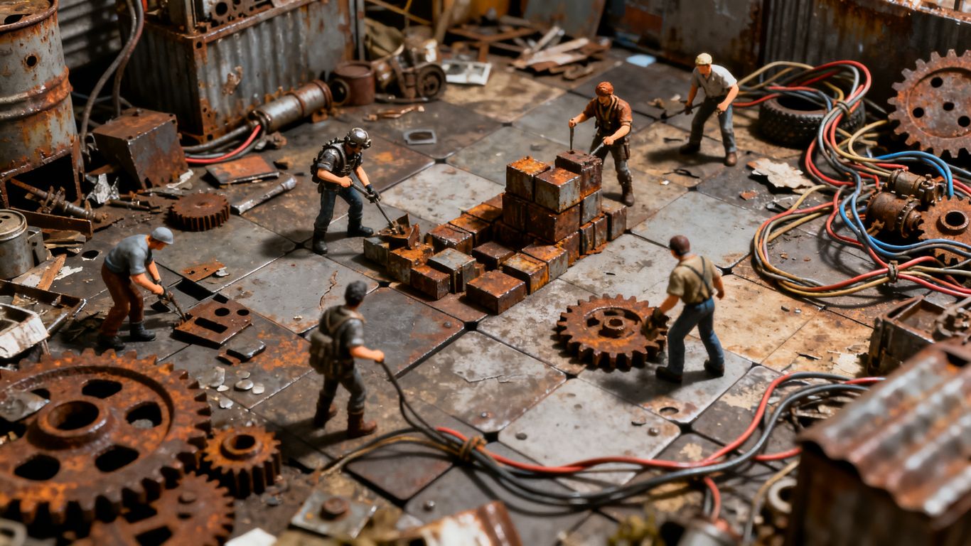 Tabletop game with scavenging, building, and sabotage elements.