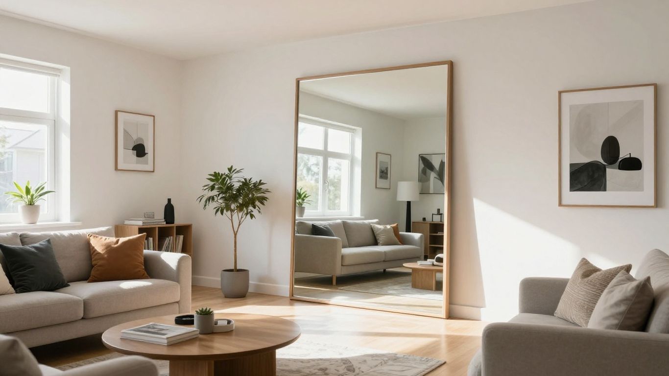 Spiegel im Wohnzimmer lässt Raum größer wirken.