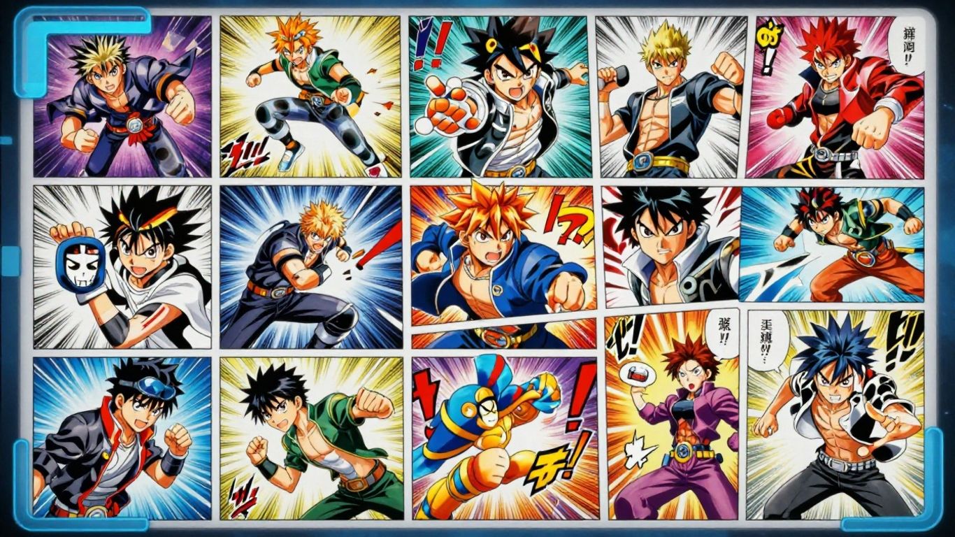 Página de mangá colorida e cheia de ação com personagens vibrantes.