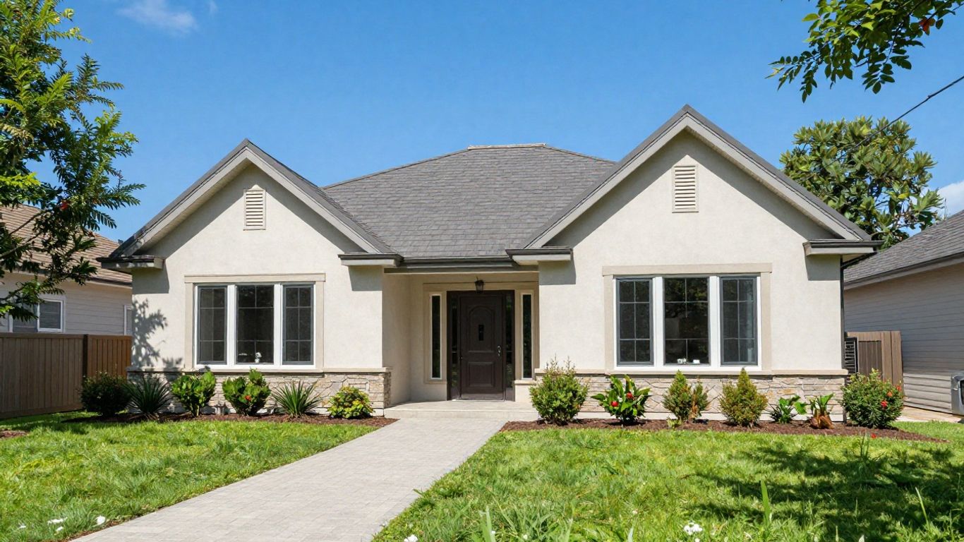 Casa moderna con jardín y cielo azul.