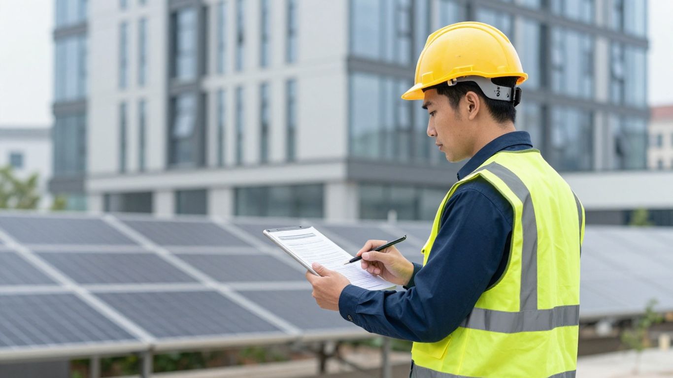 Project manager reviewing grid integration documents