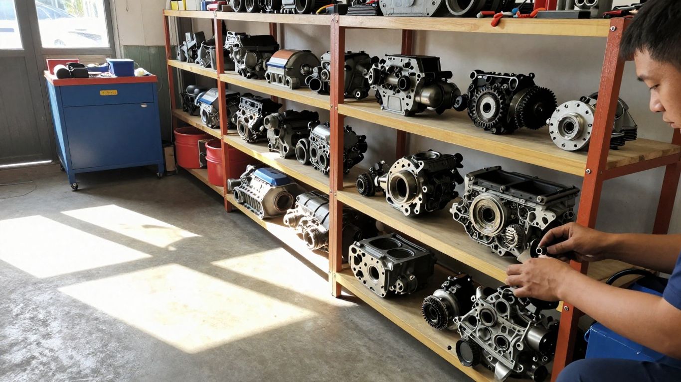 Used car engines and gearboxes in a workshop.