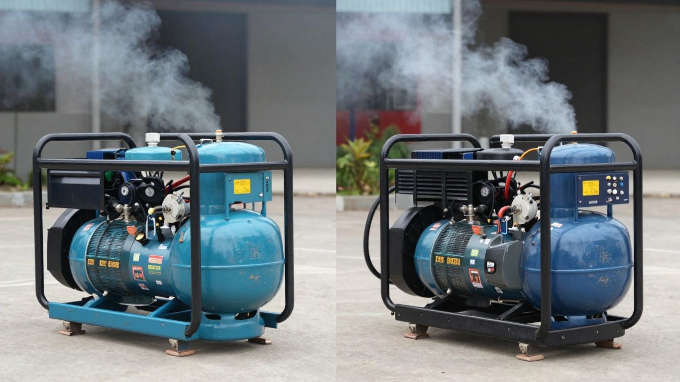 Propane and diesel generators side-by-side outdoors.